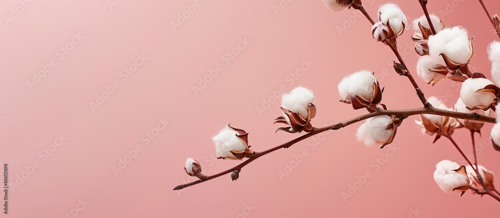 Poster Close-up view of a lovely cotton branch with fluffy flowers against a pink backdrop, ideal for adding text with copy space image.