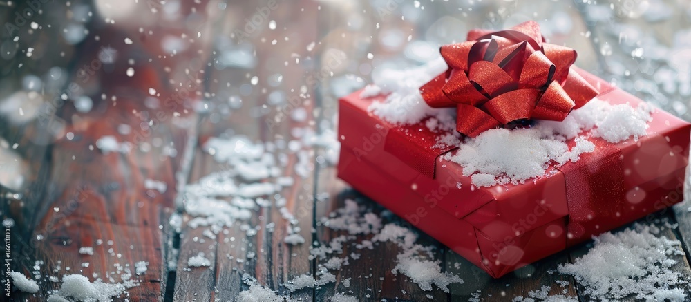 Poster close-up of a festive gift box with a bow on a wooden surface with snow, ideal for a copy space imag