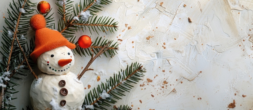 Poster Copy space image of a handmade snowman with an orange hat and a fir tree branch in isolation.