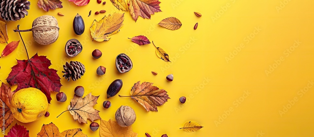 Poster Colorful autumn items like leaves, pods, and nuts arranged on a yellow background, creating a top-view still life composition with space for text, perfect for a copy space image.