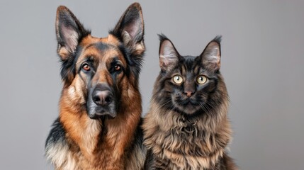 A German Shepherd and a Maine Coon cat standing next to each other, both looking directly at the camera with alert and friendly expressions, in a spacious studio with a clean background and copy space