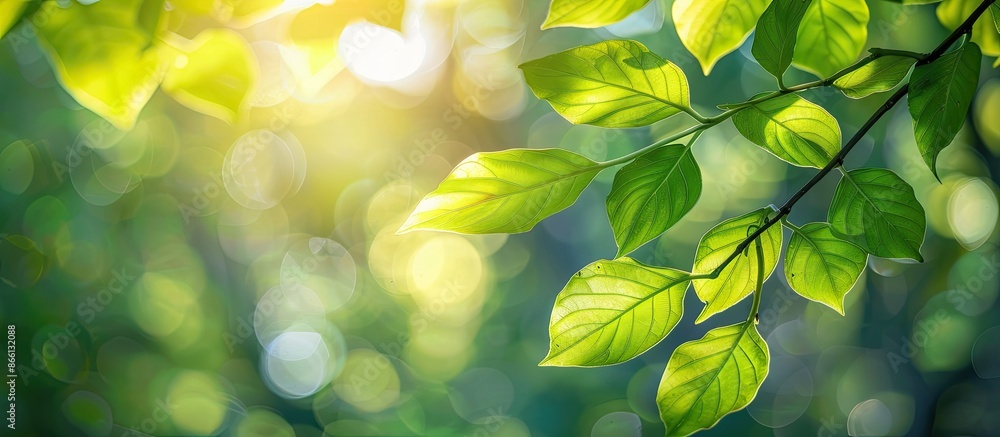 Poster close-up of vibrant green leaves illuminated by sunlight, set against a blurred natural background i