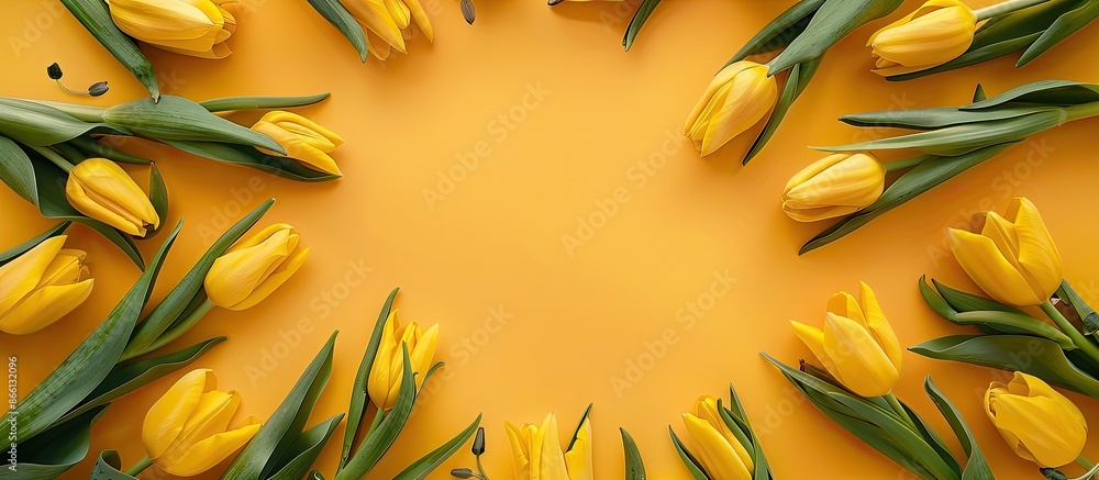 Poster Circular arrangement of yellow tulips with buds from an overhead view on a yellow background, creating a visually appealing copy space image.