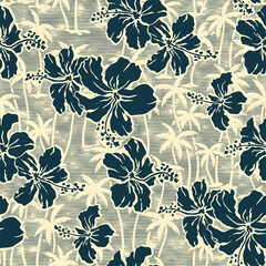Hibiscus flowers with palm tree backgroud  grunge vector floral seamless pattern for fabric shirt towel tablecloth pillow wrapping 