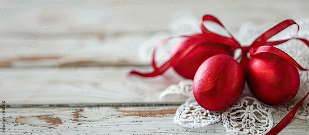 Poster Close-up image of red Easter eggs on white wooden background with lace tape, creating a festive still life with copy space image.