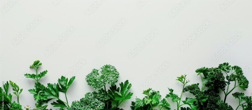 Poster copy space image of vibrant green parsley against a plain white backdrop.