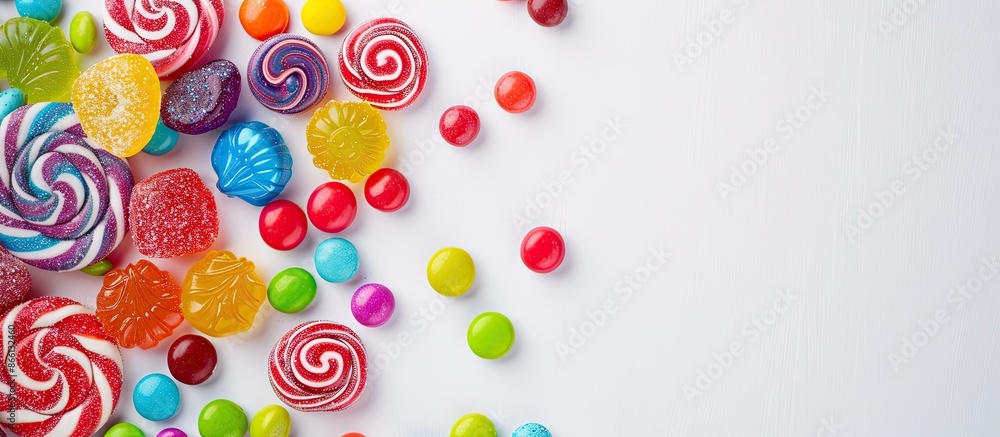 Poster colorful candies displayed on a white studio background, emphasizing an available copy space image.