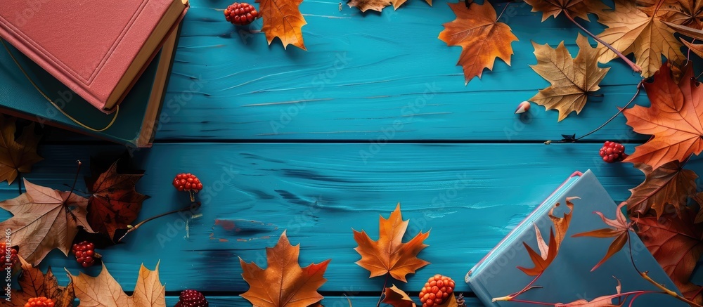 Poster books and autumn leaves creatively arranged with a copy space image.