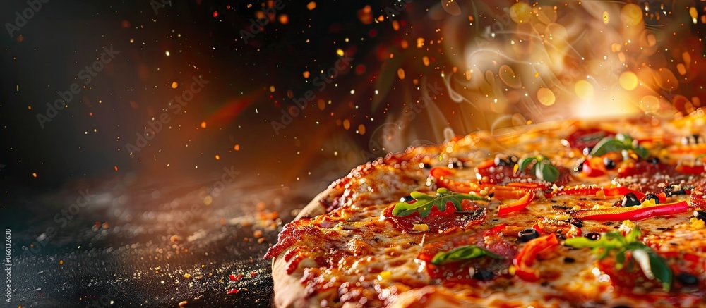 Poster close-up of a mouthwatering pizza with a copyspace image.