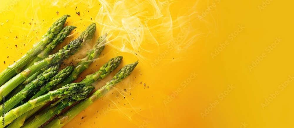 Poster asparagus steaming on a yellow backdrop with top-down copy space.