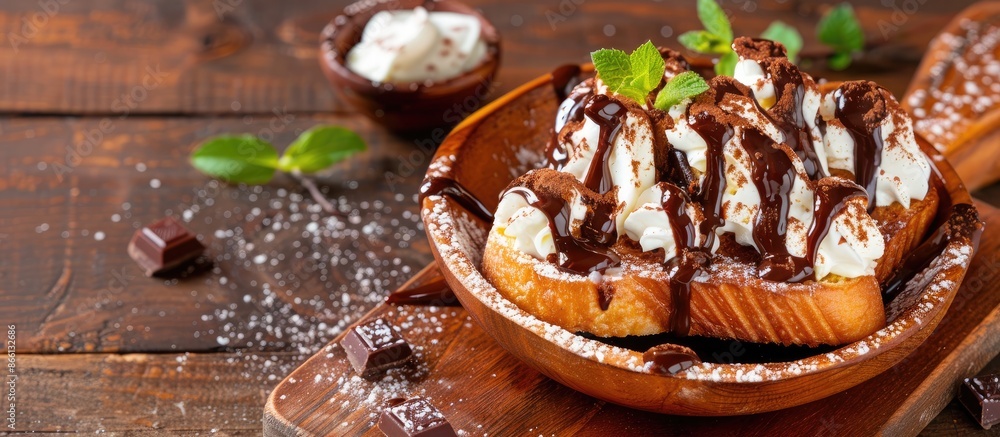 Poster Delicious Nutella toast with chocolate sauce and cream in a wooden dish on table background with copy space image.