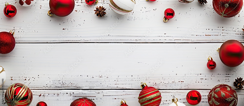 Aufkleber Christmas balls of various designs surrounding an empty space on a white wooden backdrop create an appealing composition for potential copy space image.
