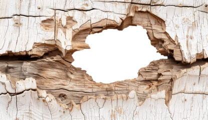 broken wooden fence png on transparent background showcasing intricate wood grain and texture, with an open hole in center for text or logo. The cracked surface adds depth to create a rustic feel.