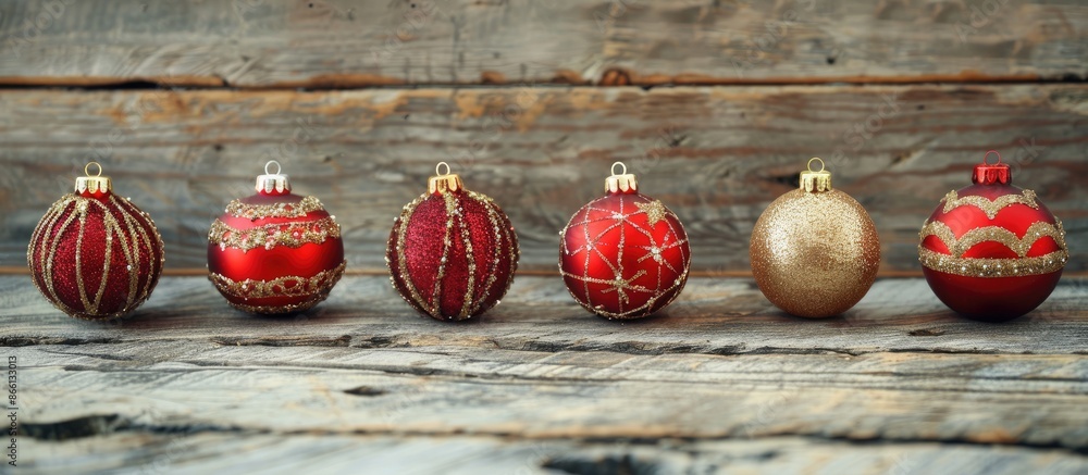 Poster Festive Christmas ornaments displayed on a rustic wooden backdrop, perfect for adding text or graphics with ample copy space image.