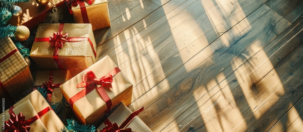 Poster Aerial perspective of festive gift boxes placed on the floor in a room with ample space for text or other content in the picture, known as a copy space image.