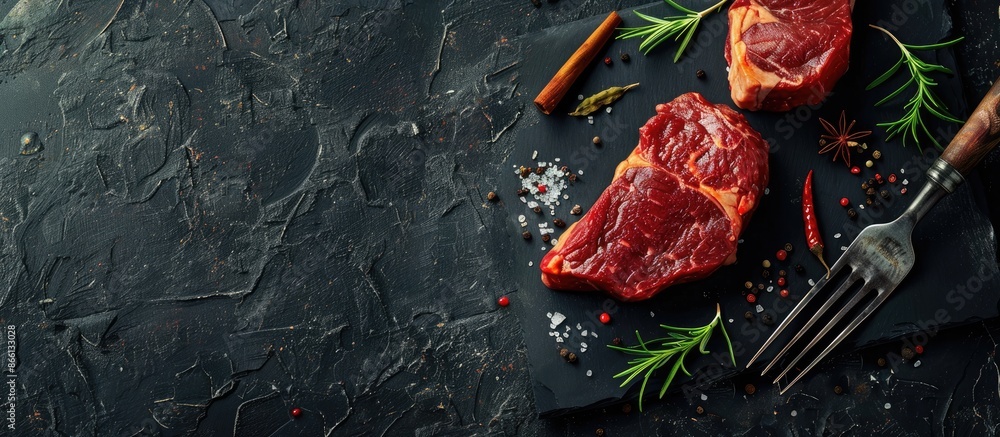 Poster dark stone background with copy space image showcasing raw beef steaks, a fork, and spices.