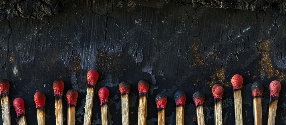 Poster An aerial view of burning and unburned matches in a row, showcasing the process of combustion with copy space image.