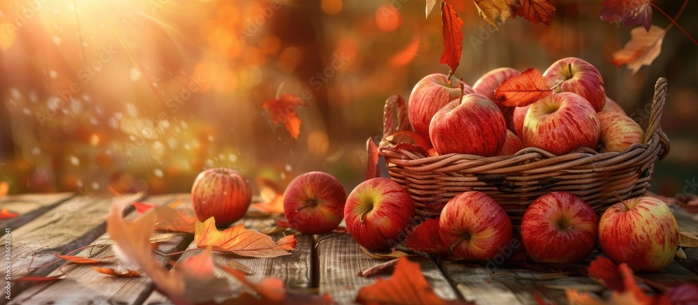 Aufkleber autumn leaves embellish a wooden table with a basket of juicy apples, creating a charming setting wi