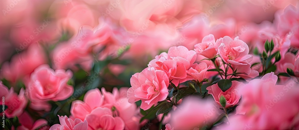 Poster close-up view of blooming pink flower bushes with a soft focus, providing copy space in the image.