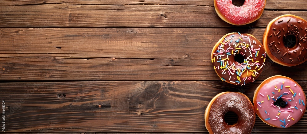 Poster donuts displayed on a wooden surface with copy space image.