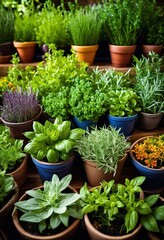 Fototapeta premium vibrant freshly grown herbs displayed small pots home gardening, plant, aromatic, indoor, organic, basil, mint, cilantro, parsley, thyme, rosemary, chives