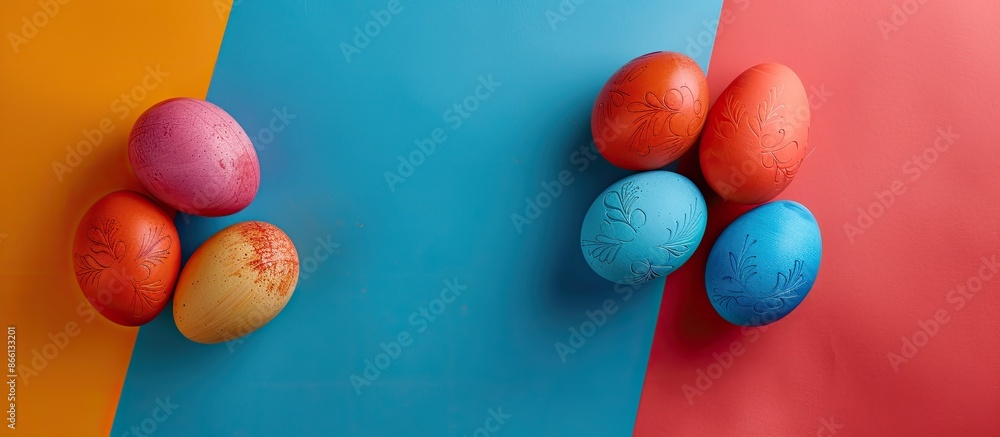 Poster Easter eggs arranged in a frame on a colorful background, with copy space image.