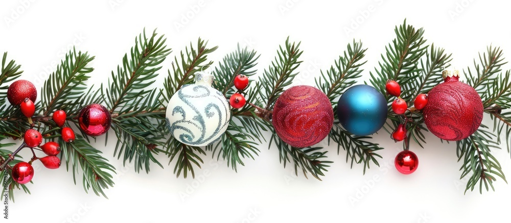Poster festive christmas ornaments and fir branches with decorations arranged against a white background, s