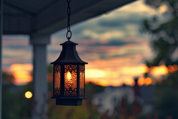 A lantern hanging from a porch beam, with a softly blurred background of a warm, inviting porch and evening sky.