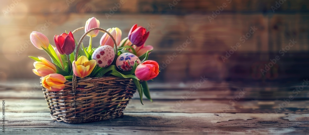 Poster Easter theme with egg-filled wicker basket and a bunch of tulips on a wooden backdrop - a perfect setting for a copy space image.