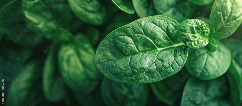 Poster close up view of fresh green spinach shown in natural light with a background providing ample copy s