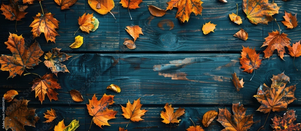 Poster autumn leaves surround a frame on a dark wooden table with room for copy space image.