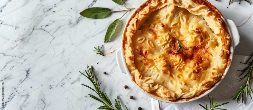Poster An overhead view of a classic shepherd's pie on a white backdrop showcasing rustic elements, emphasizing English culinary traditions with copy space image.