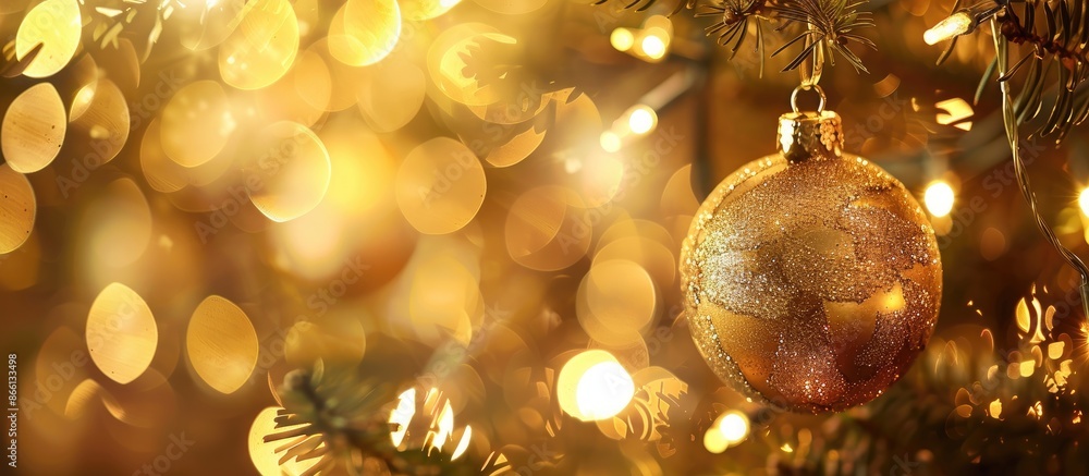 Aufkleber Blurry golden Christmas lights with a bokeh effect in the background with copy space image suitable for holiday wallpapers and New Year's festivities.