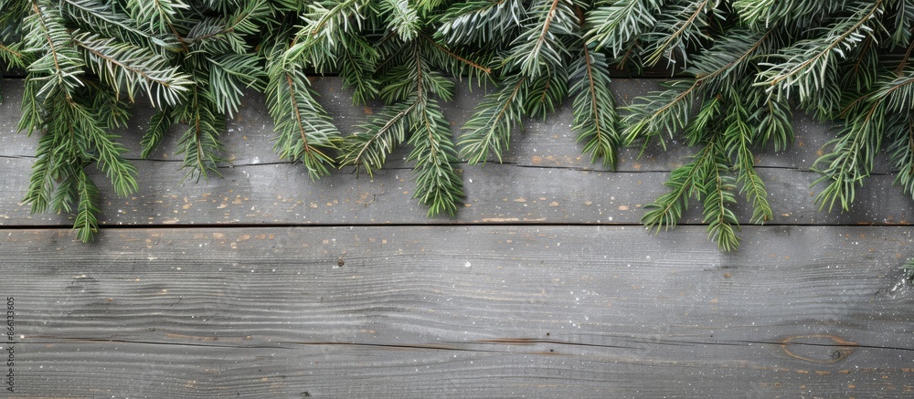 Poster Festive fir branches adorned on a rustic grey wooden backdrop with copy space image.