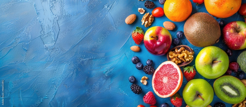 Aufkleber assorted fresh fruits and nuts displayed on a blue backdrop with copy space image.