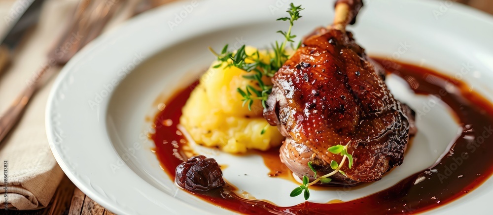 Poster Close-up view with selective focus of duck confit in dark cherry glaze accompanied by a quince puree infused with herbs, against a plain background for a copy space image.