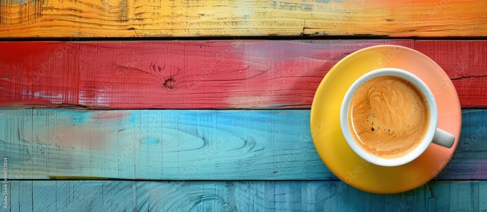 Poster coffee cup placed on a colorful wooden surface with copy space image.