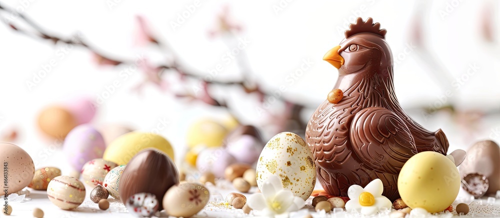 Poster chocolate easter chicken against a white backdrop, with ample copy space image.
