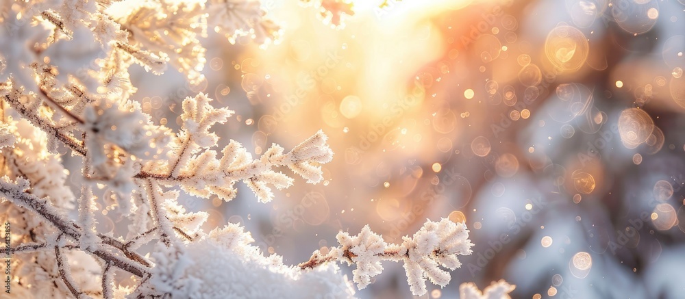 Poster close-up image of snow-covered tree branches during a winter storm at sunset with frost and sunlight