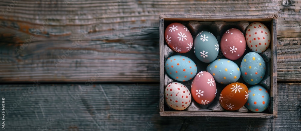 Poster Easter eggs displayed in a box on a wooden surface, perfect for featuring text or images. image with copy space