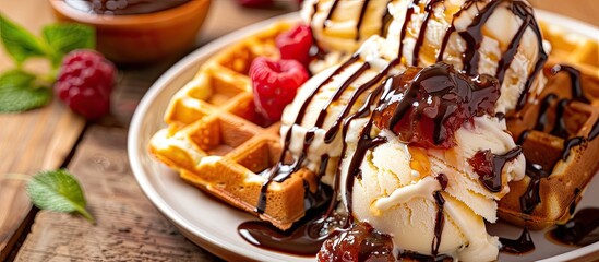 Delicious homemade ice cream with a waffle, chocolate syrup, and marmalade on a plate in a copy space image.