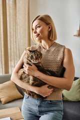 A woman with short hair tenderly cradling her cat in her arms, sharing a moment of quiet joy at home.