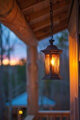 A lantern hanging from a porch beam, with a softly blurred background of a warm, inviting porch and evening sky.
