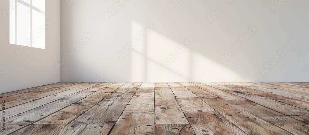 Poster An interior room with an empty space, featuring a white wall with wooden planks in the foreground, showcasing the floor from a unique perspective, creating a rustic background for a copy space image.