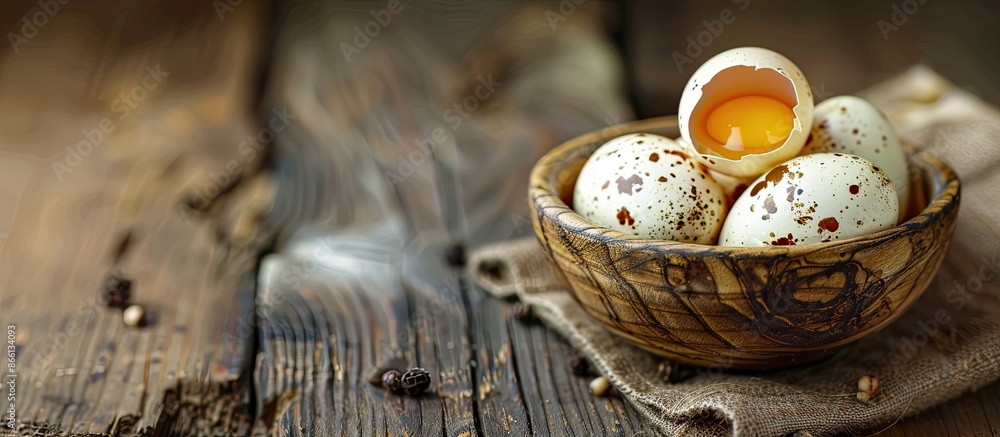 Aufkleber Close up of boiled quail eggs on a rustic wooden table with copy space image.