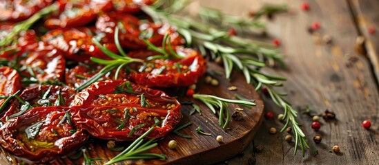 Delicious appetizer - a closeup view of sliced sun-dried tomatoes in olive oil with herbs and rosemary on a wooden table background, perfect for a copy space image.