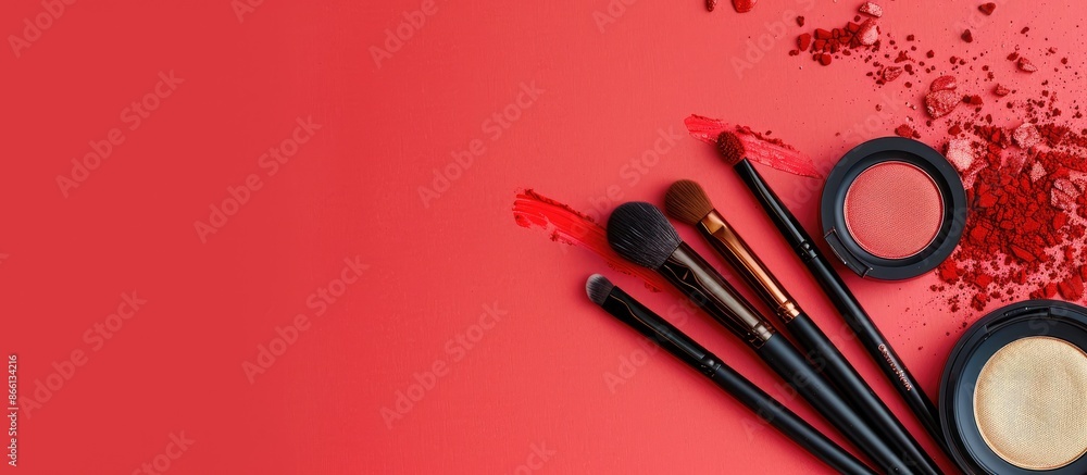 Poster Colorful background featuring a set of decorative cosmetics with ample copy space image.
