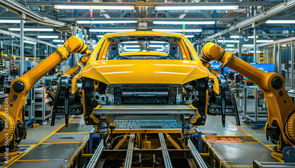 Poster a yellow car is in production at a factory where robotic arms are assembling it