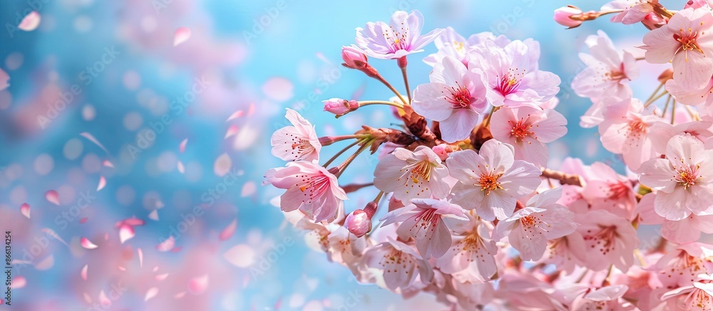 Poster cherry blossom sakura tree in full bloom against a blue sky, creating a lovely floral background wit