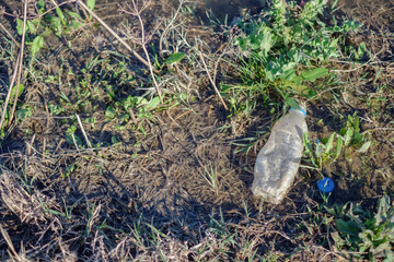 Discarded plastic water bottle lying in the grass in shallow water. Ecology concept. Plastic bottle floating in water, top view.
